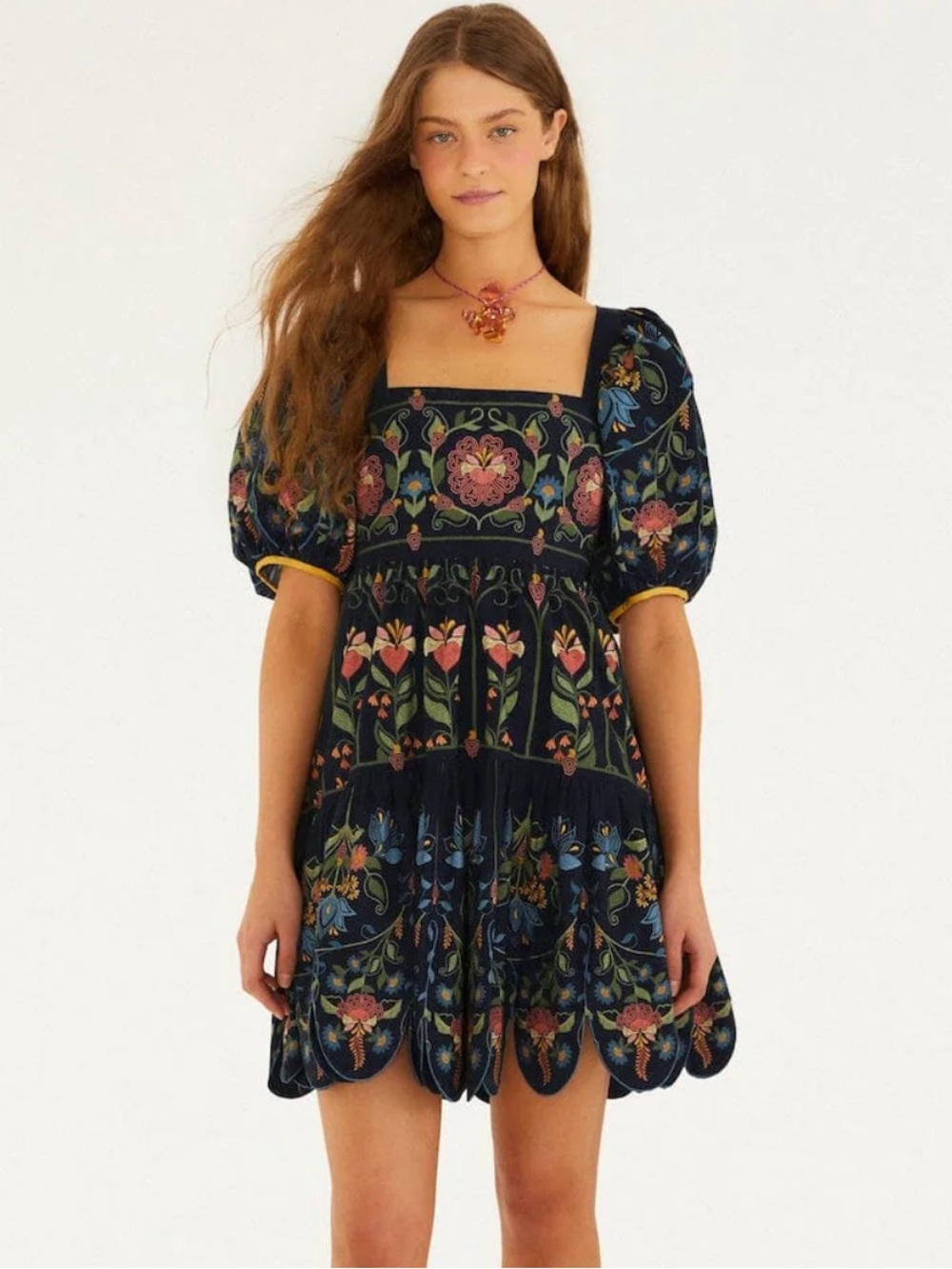 FARM Rio Navy Blue Stitched Garden Organic Cotton Mini Dress